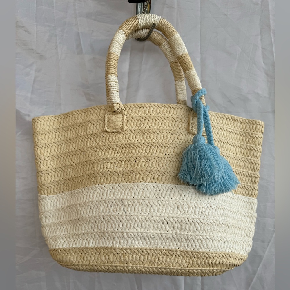 Altru Stylish Tan and Cream Tote Bag with Blue Tassel